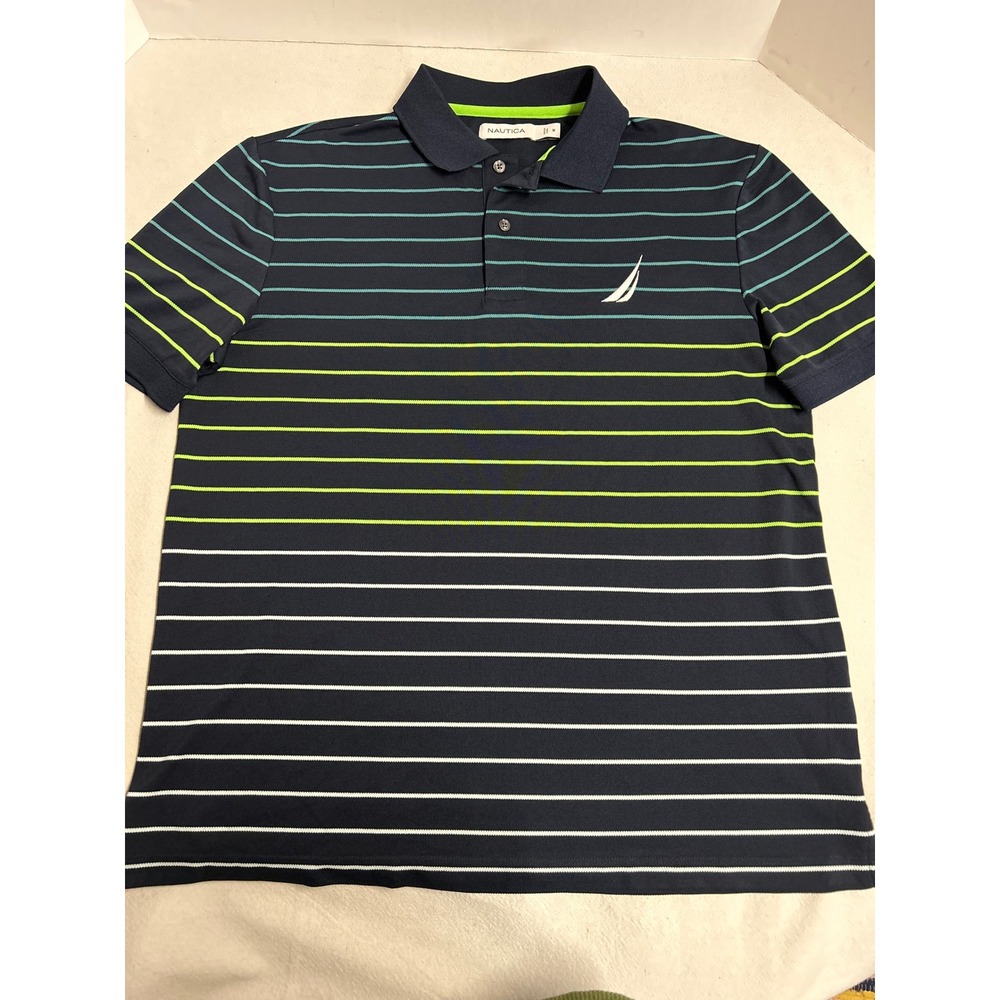 Nautica Mens Polo Shirt Size Medium Navy Blue with Stripes Short‎ Sleeve